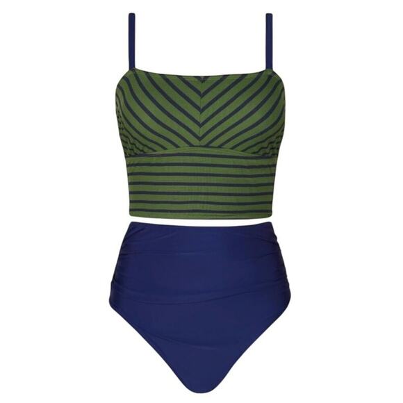 Cupshe Women’s 2-Piece Swimsuit M Green Blue Striped Crop Top High Waisted Bikin - Picture 4 of 9